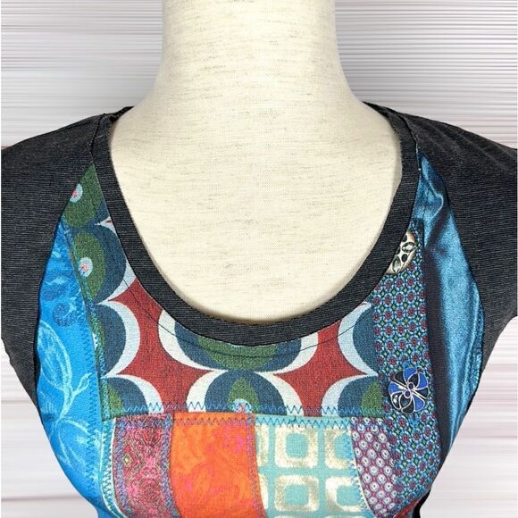 Desigual Patchwork Multicolor Front Sheath Cap Sleeve Fitted Mini Dress M - Picture 8 of 16